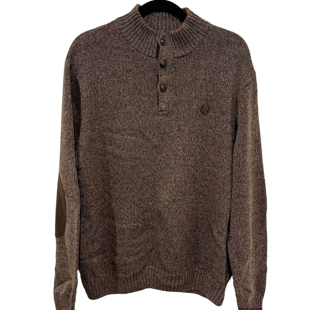 Chaps Men's Size Large Brown Button Neck Sweater With Elbow Patches